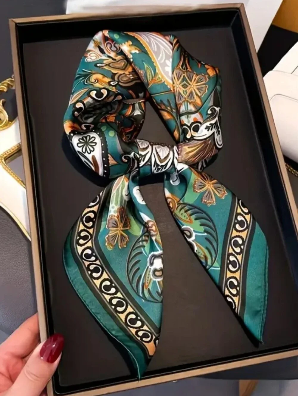 Silk-feel Teal Paisley  - Women's Fashion Head Scarf , Neck Scarf